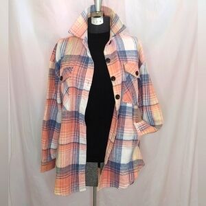 Womens Flannel Button Front Overcoat Pink Plaid Size Medium‎  Polyester Pockets